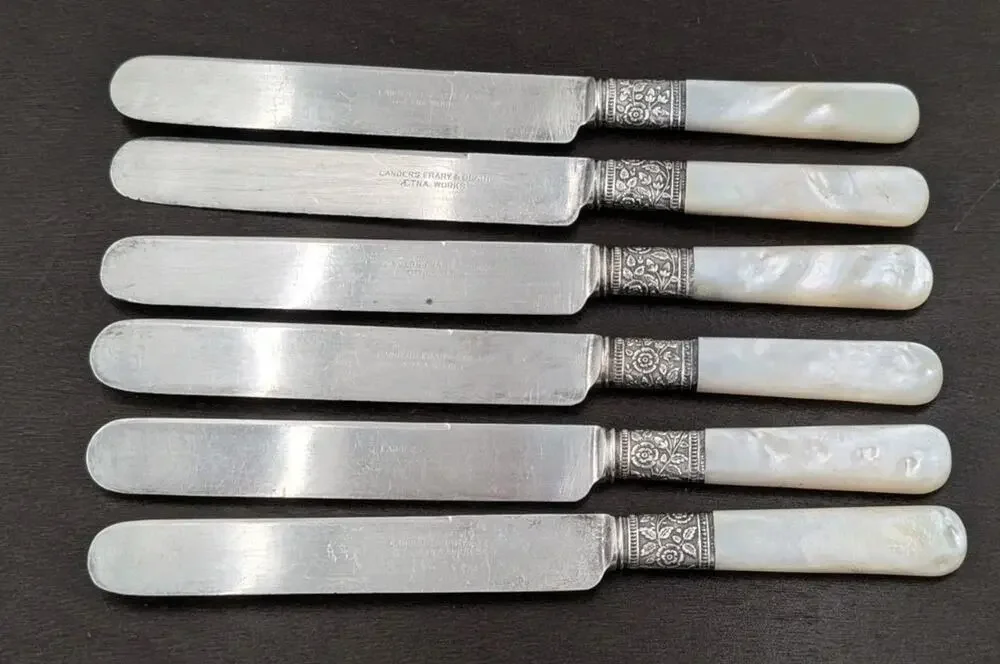 6 Antique Landers Frary & Clark Aetna Works Sterling Band Knives Mother Of Pearl